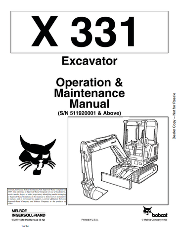 BOBCAT X 331 EXCAVATOR OPERATION & MAINTENANCE MANUAL (6722716) - PDF FILE