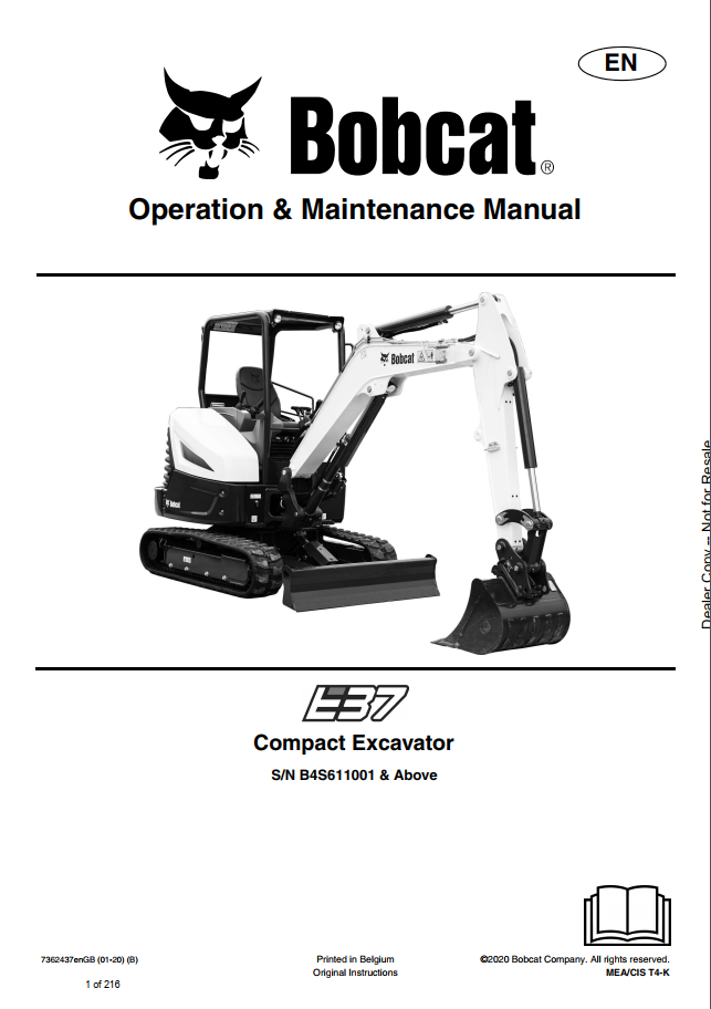 Bobcat E37 Compact Excavator Operation & Maintenance Manual PDF