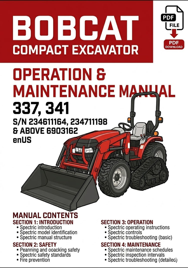 Bobcat Compact Excavator 337, 341 Operation & Maintenance Manual S/N 234611164, 234711198 & Above 6903162 enUS PDF Download