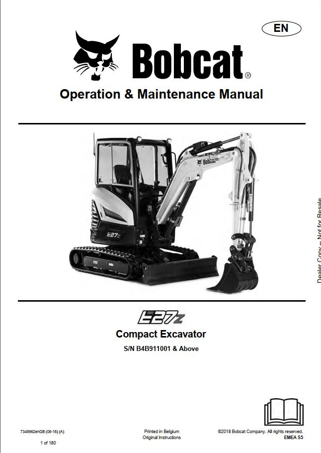 Bobcat E27 & E27z Compact Excavator Operation & Maintenance Manual PDF