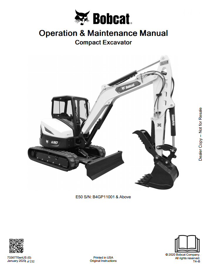 Bobcat E50 Compact Excavator Operation & Maintenance Manual PDF