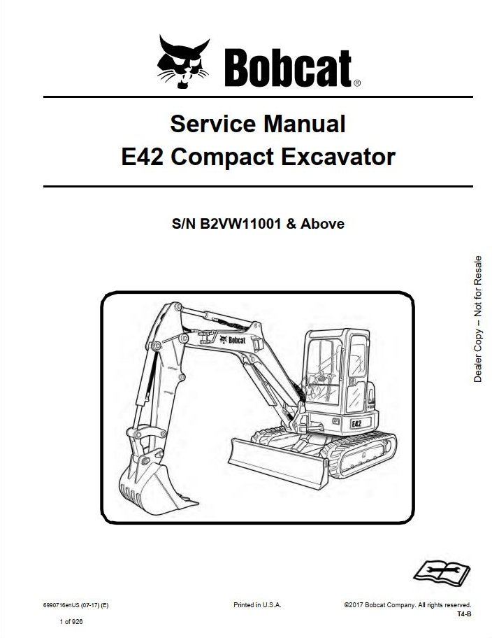 Bobcat E42 Compact Excavator Service Manual PDF Download