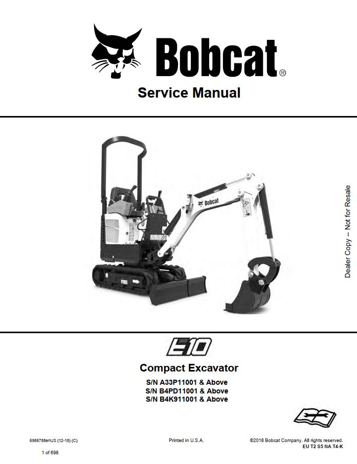Bobcat Compact Excavator E10 Service Manual PDF
