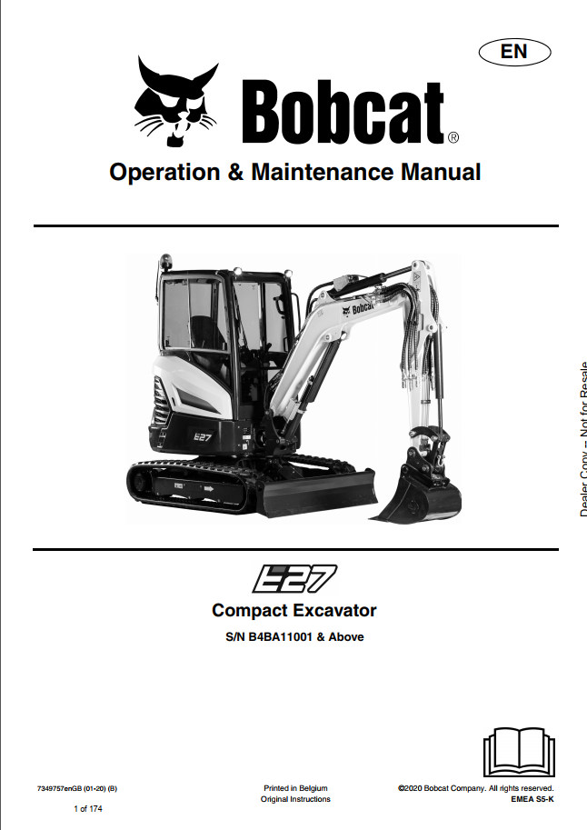 Bobcat E27 Compact Excavator Operation & Maintenance Manual PDF