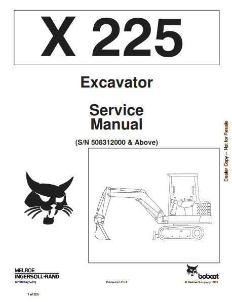 Bobcat X225 Excavator Service Manual PDF