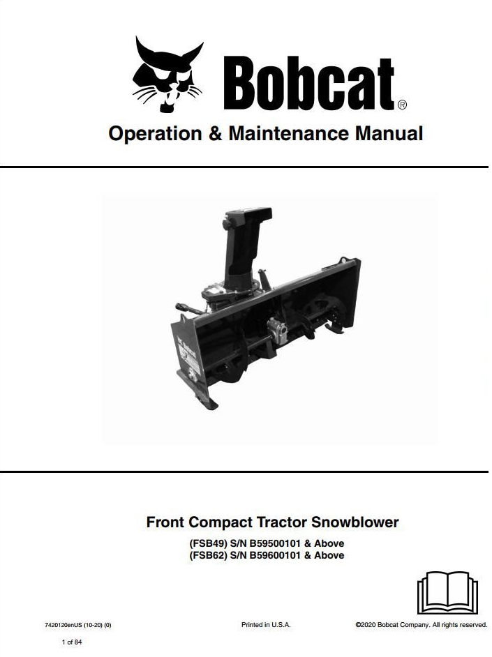 Bobcat Front Compact Tractor Snowblower FSB49, FSB62 Operation and Maintenance Manual PDF