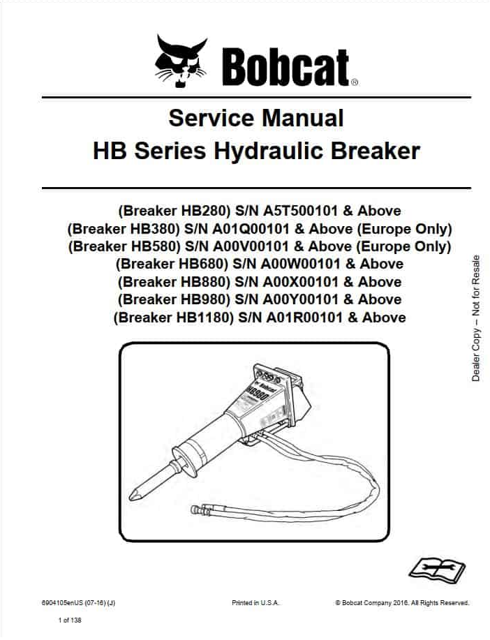Bobcat Hydraulic Breaker HB280 HB1180 Service Manual PDF