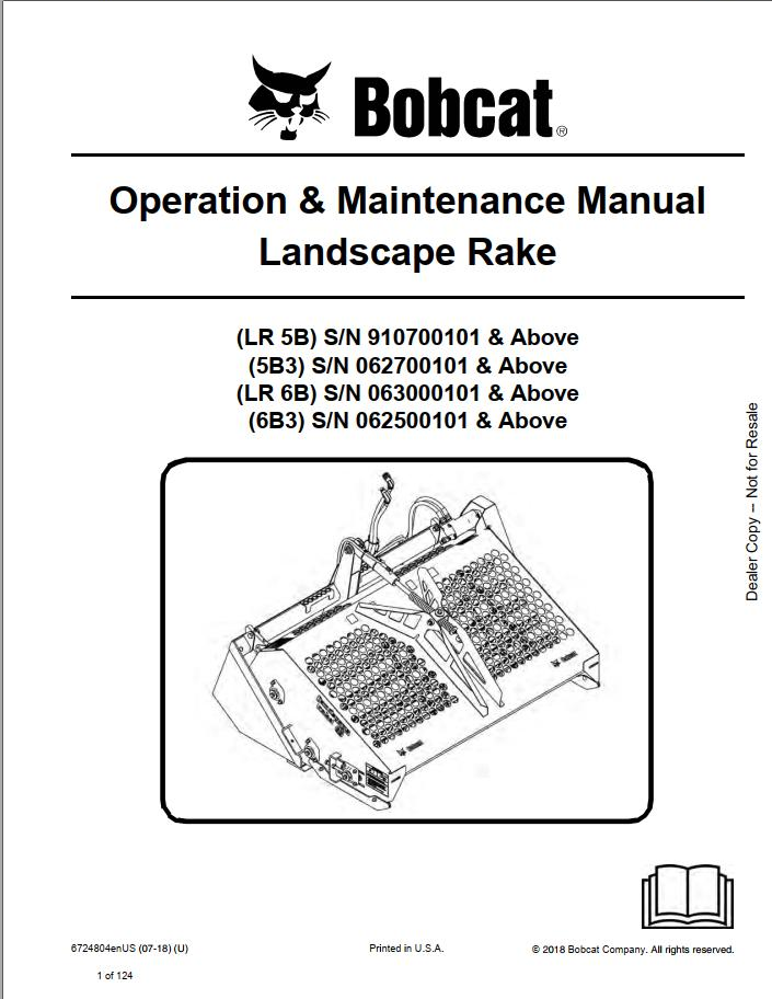 Bobcat Landscape Rake LR5B, 5B3, LR6B & 6B3 Operation & Maintenance Manual PDF