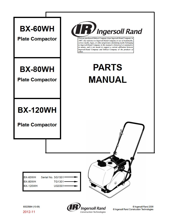 Bobcat BX-60WH BX-80WH BX-120WH Plate Compactor Parts Manual PDF