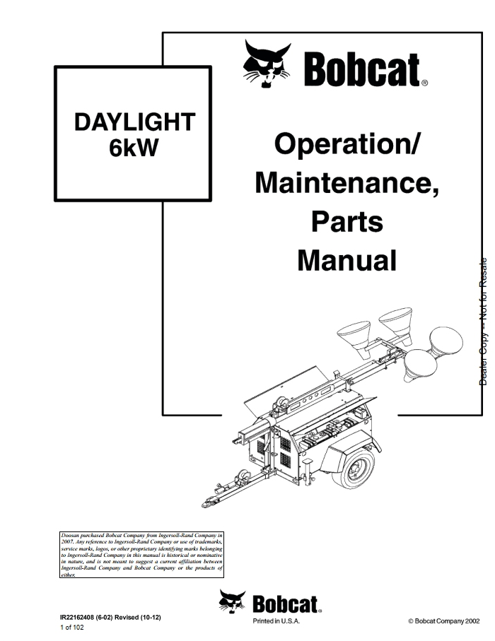 Bobcat Portable Power 6KW Daylight Operation and Maintenance Manual PDF
