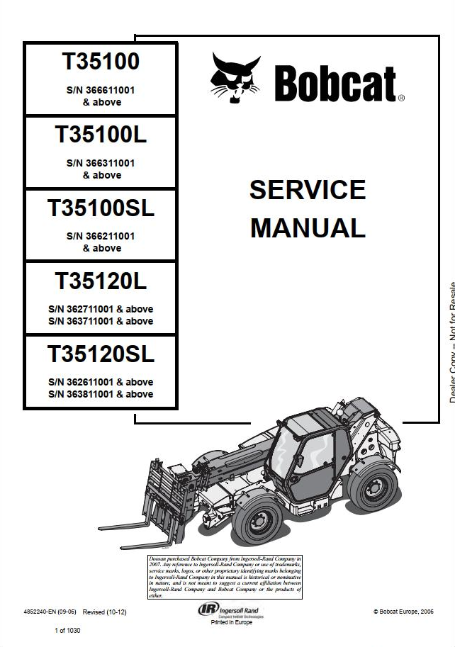 Bobcat T35100 & T35120L Telescopic Handler Service Manual PDF