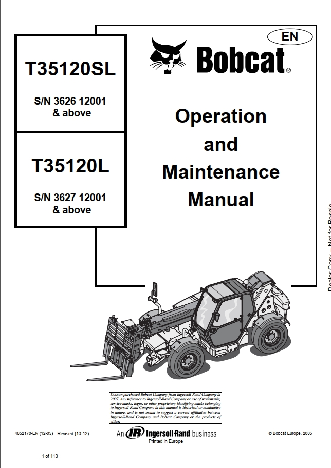 Bobcat T35120(S)L Telescopic Handler Operation & Maintenance Manual PDF