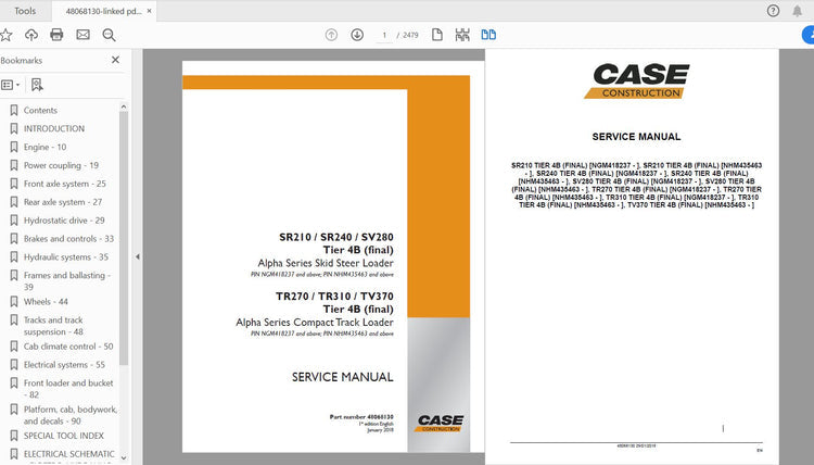 CASE IH TRACTOR SR210, SR240, SV280 SKID STEER LOADER_TR270, TR310, TV370 COMPACT TRACK LOADER SERVICE MANUAL 48068130 - PDF FILE