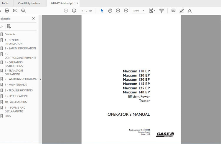 CASE IH TRACTOR MAXXUM 110-115-120-125-130-140 EFFICIENT POWER TRACTOR TIER 4 84484555 OPERATOR’S MANUAL - PDF FILE