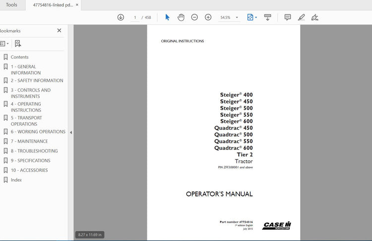 CASE IH TRACTOR STEIGER 400,450,500,550,600 QUADTRAC 450,500,550,600 TIER 2 47754816 OPERATOR’S MANUAL - PDF FILE