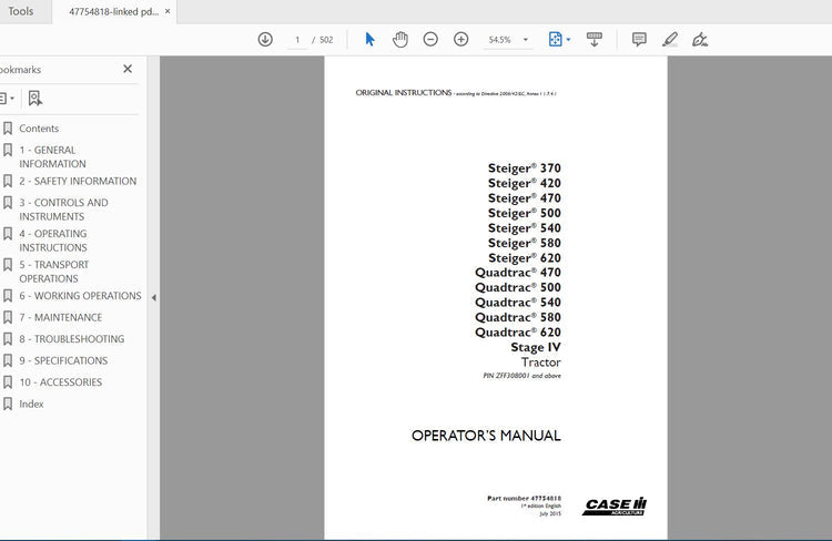 CASE IH TRACTOR STEIGER 370,420,470,500,540,580,620 QUADTRAC 470,500,540,580,620 STAGE IV 47754818 OPERATOR’S MANUAL - PDF FILE