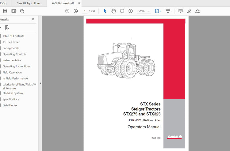 CASE IH TRACTOR STX275,STX325 SERIES STEIGER TRACTOR-P,N JEE0102001 & AFTER 6-6232 OPERATOR’S MANUAL - PDF FILE