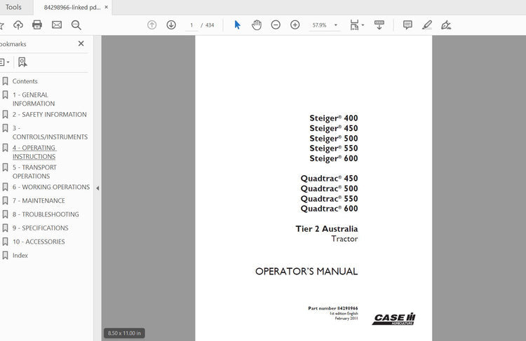 CASE IH TRACTOR STEIGER 400,450,500,550,600 QUADTRAC 450,500,550,600 TIER 2 AUSTRALIA 84298966 OPERATOR’S MANUAL - PDF FILE