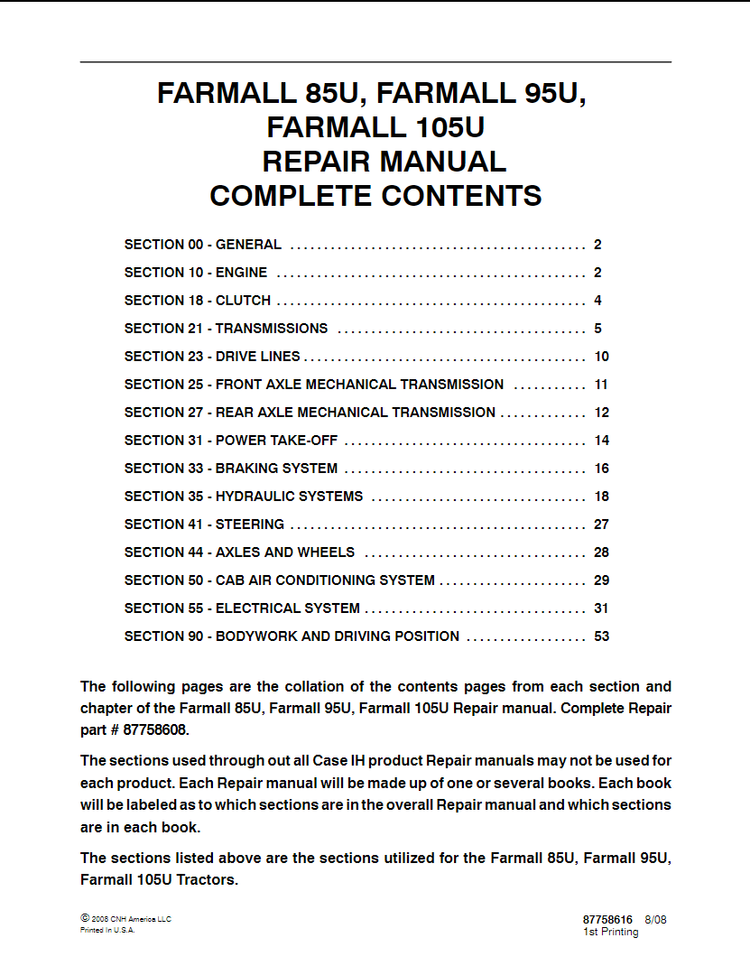 Case IH Farmall 85U, 95U, 105U Tractor Service Repair Manual (Part No. 87758616) – PDF Download