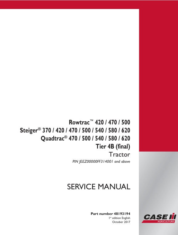 CASE 420, 470, 500, 370, 420, 470, 500, 540, 580, 620 Tractor Service Manual – 48193194