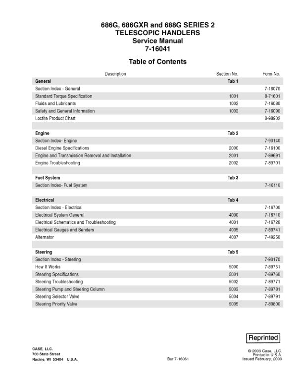 CASE 686GXR, 686G & 688G Series 2 Telescopic Handler Service Manual – 7-16041