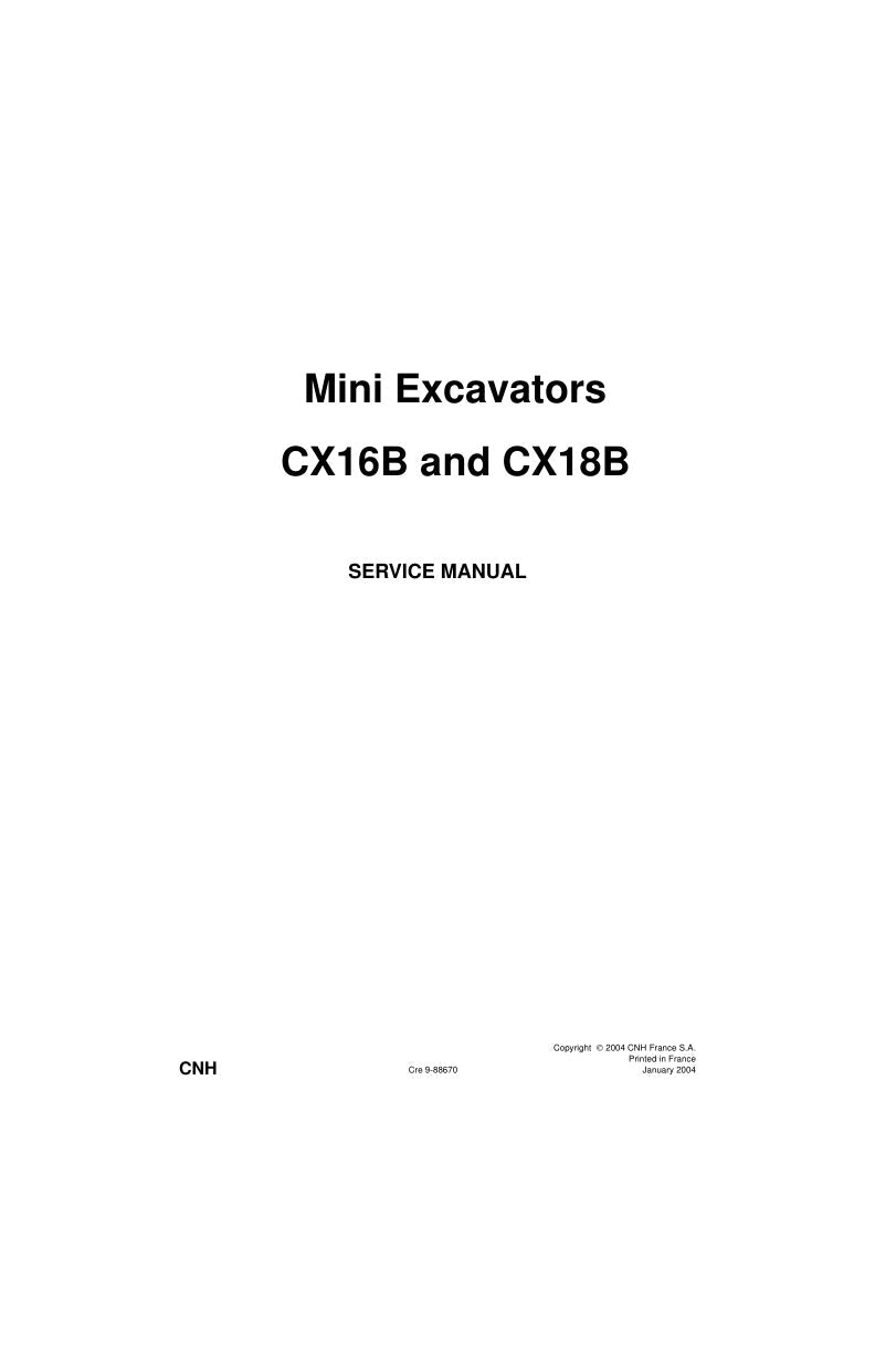 CASE CX16B, CX18B MINI EXCAVATOR SERVICE MANUAL 9-88670 PDF FILE