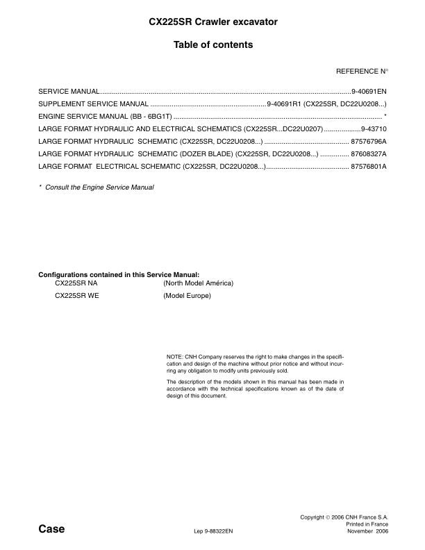 CASE CX225SR CRAWLER EXCAVATOR SERVICE MANUAL 9-88322 PDF FILE