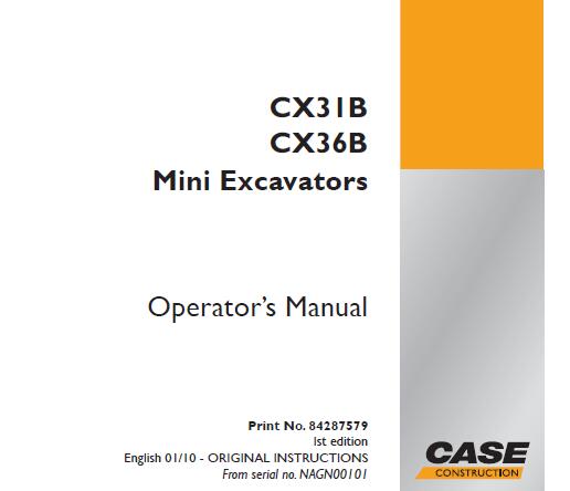 CASE CX31B, CX36B MINI EXCAVATOR OPERATORS MANUAL - PFD FILE