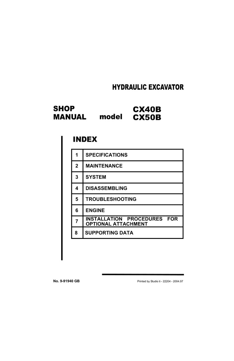 CASE CX40B, CX50B SHOP MANUAL 9-91940 - PDF FILE