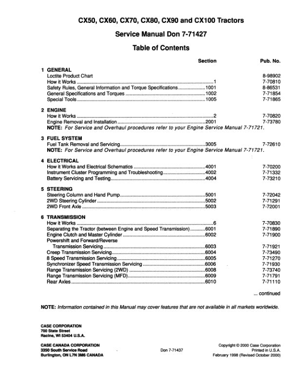 CASE CX50, CX60, CX70, CX80, CX90, CX100 Tractor Service Manual - 7-71427