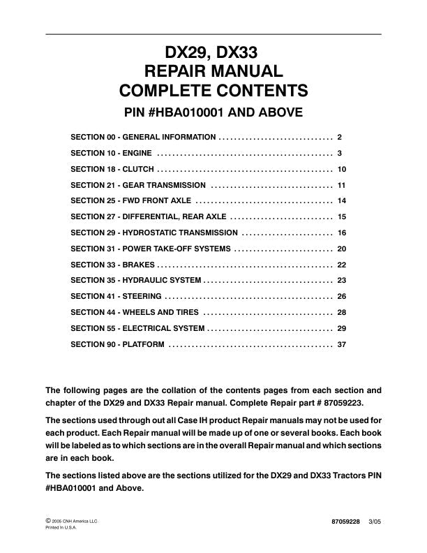 CASE DX29, DX33 Tractor Repair Manual – 87059228