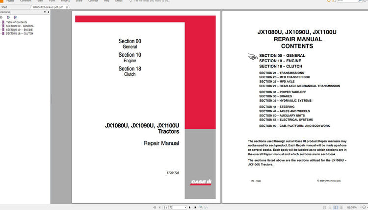CASE IH JX1080U, JX10690U, JX1100U TRACTORS REPAIR MANUAL - PDF FILE