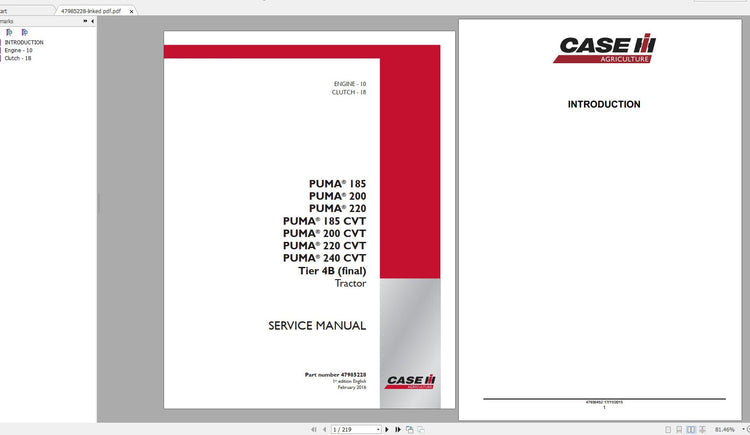 CASE IH PUMA 185-200-220, 185-200-220-240 CVT TIER 4B (FINAL) TRACTORS SERVICE MANUAL - PDF FILE