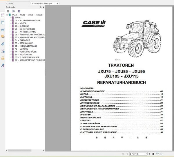CASE IH JXU75, JXU85, JXU105 & JXU115 Tractors Service Manual 87679938C German