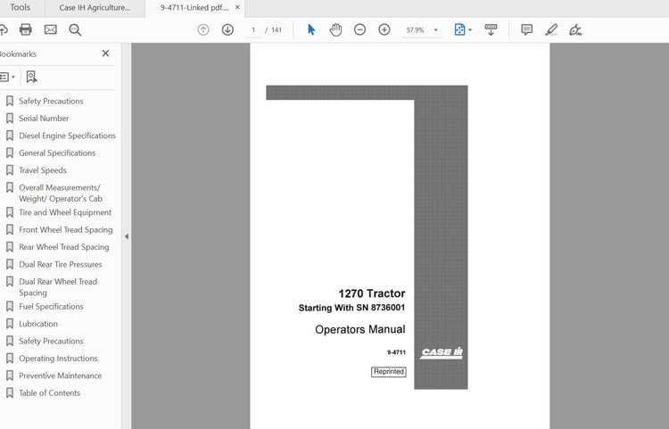 CASE IH TRACTOR 1270 TRACTOR SN8736001 TO 8770000 OPERATOR’S MANUAL 9-4711 - PDF FILE