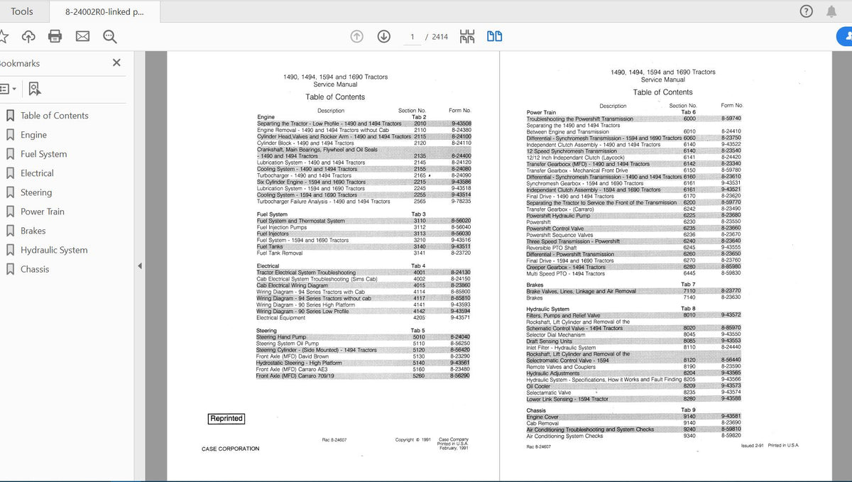 CASE IH TRACTOR 1490, 1690, 1494, 1594 COMPLETE SERVICE MANUAL 8-24002R0 - PDF FILE