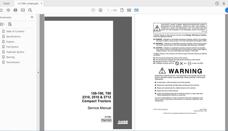 CASE IH TRACTOR 150-190 &T90 COMPACT 2310,2510,2712 SERVICE MANUAL 9-77981 - PDF FILE