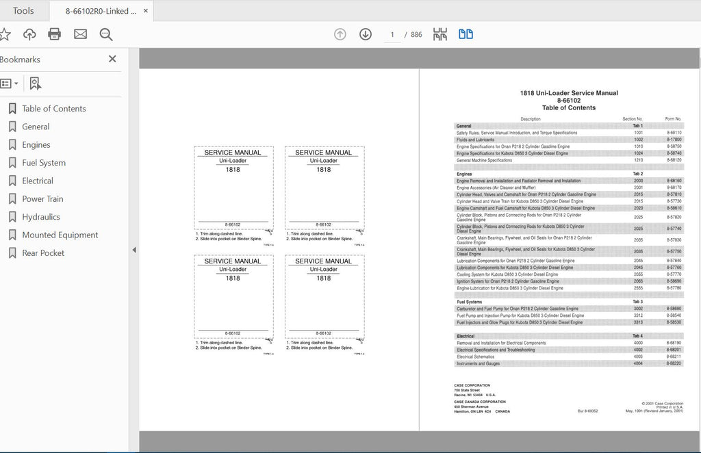 CASE IH TRACTOR 1818 SKID STEER COMPLETE SERVICE MANUAL 8-66102R0 - PDF FILE