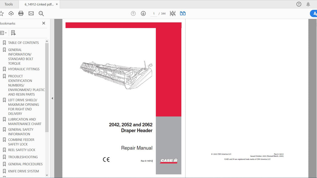 CASE IH TRACTOR 2042, 2052, 2062 DRAPER HEADER SERVICE MANUAL 6-14912 - PDF FILE