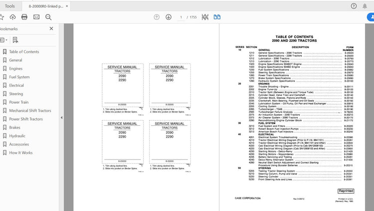 CASE IH TRACTOR 2090, 2290 COMPLETE SERVICE MANUAL 8-20000R0 - PDF FILE