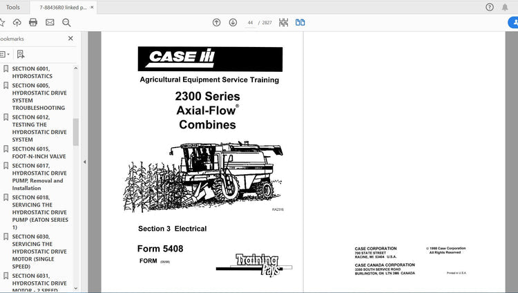 CASE IH TRACTOR 2144, 2166, 2188, 2344, 2366, 2388 COMBINES SN JJC COMPLETE SERVICE MANUAL 7-88436R0 - PDF FILE
