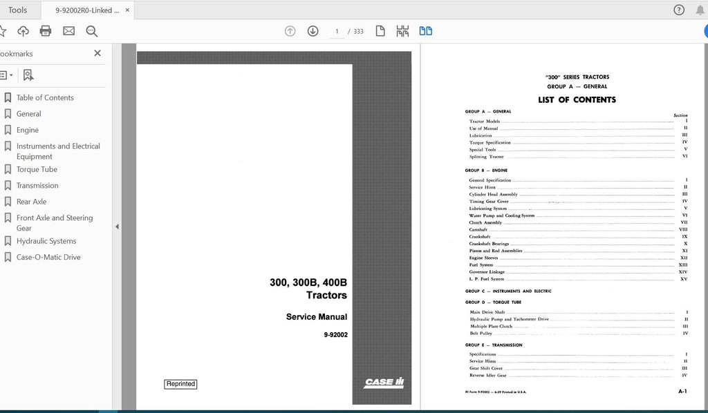 CASE IH TRACTOR 300,300B,400B COMPLETE SERVICE MANUAL 9-92002 PDF FILE