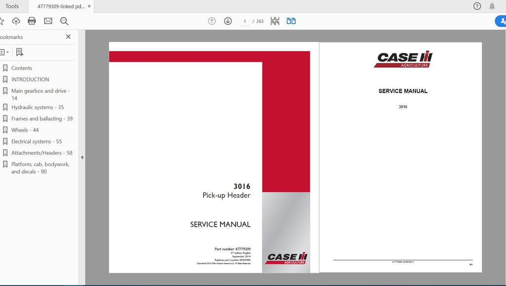 CASE IH TRACTOR 3016 PICK-UP HEADER SERVICE MANUAL 47779309 - PDF FILE