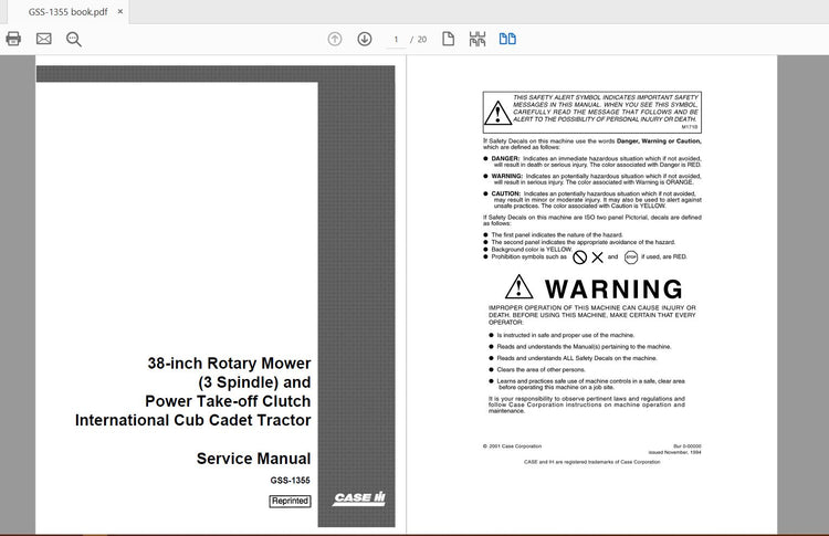 CASE IH Tractor 38 in Rotary Mower 3-Spindle PTO Clutch Cub Cadet Service Manual GSS-1355 – PDF File