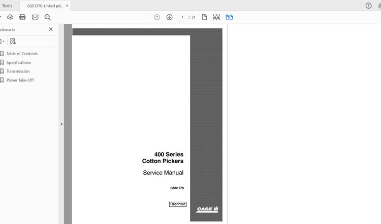 CASE IH Tractor 400 Series Cotton Pick TRAN PTO Service Manual GSS1370 – PDF File