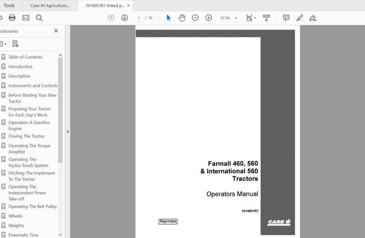 CASE IH Tractor 460, 560 Gas, 460, 560 Gas Hi-Clear Operator’s Manual 1014051R7