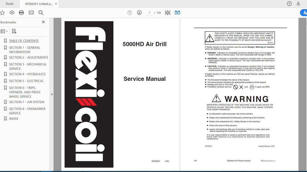 CASE IH TRACTOR 5000HD AIR DRILL (FLEXI COIL BRAND) SERVICE MANUAL 87050251 - PDF FILE
