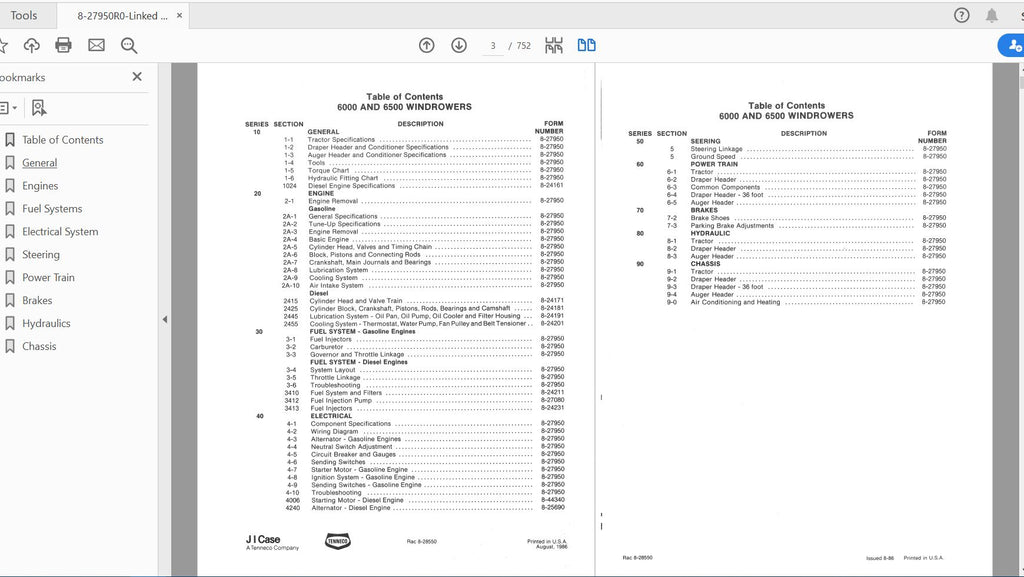 CASE IH TRACTOR 6000, 6500 WINDROWER COMPLETE SERVICE MANUAL 8-27950R0 - PDF FILE