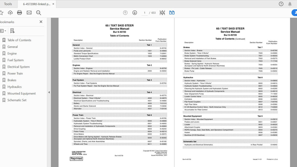 CASE IH TRACTOR 60XT, 70XT, SKID STEER SERVICE MANUAL 6-45720R0 - PDF FILE