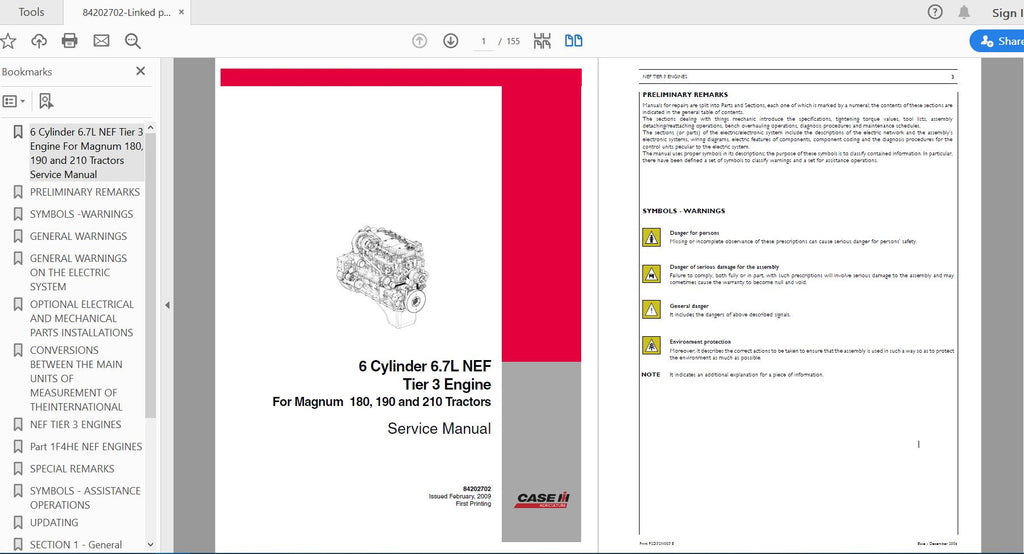 CASE IH TRACTOR 6 CYLINDER 6.7L NEF ENGINE SERVICE MANUAL 84202702 - PDF FILE